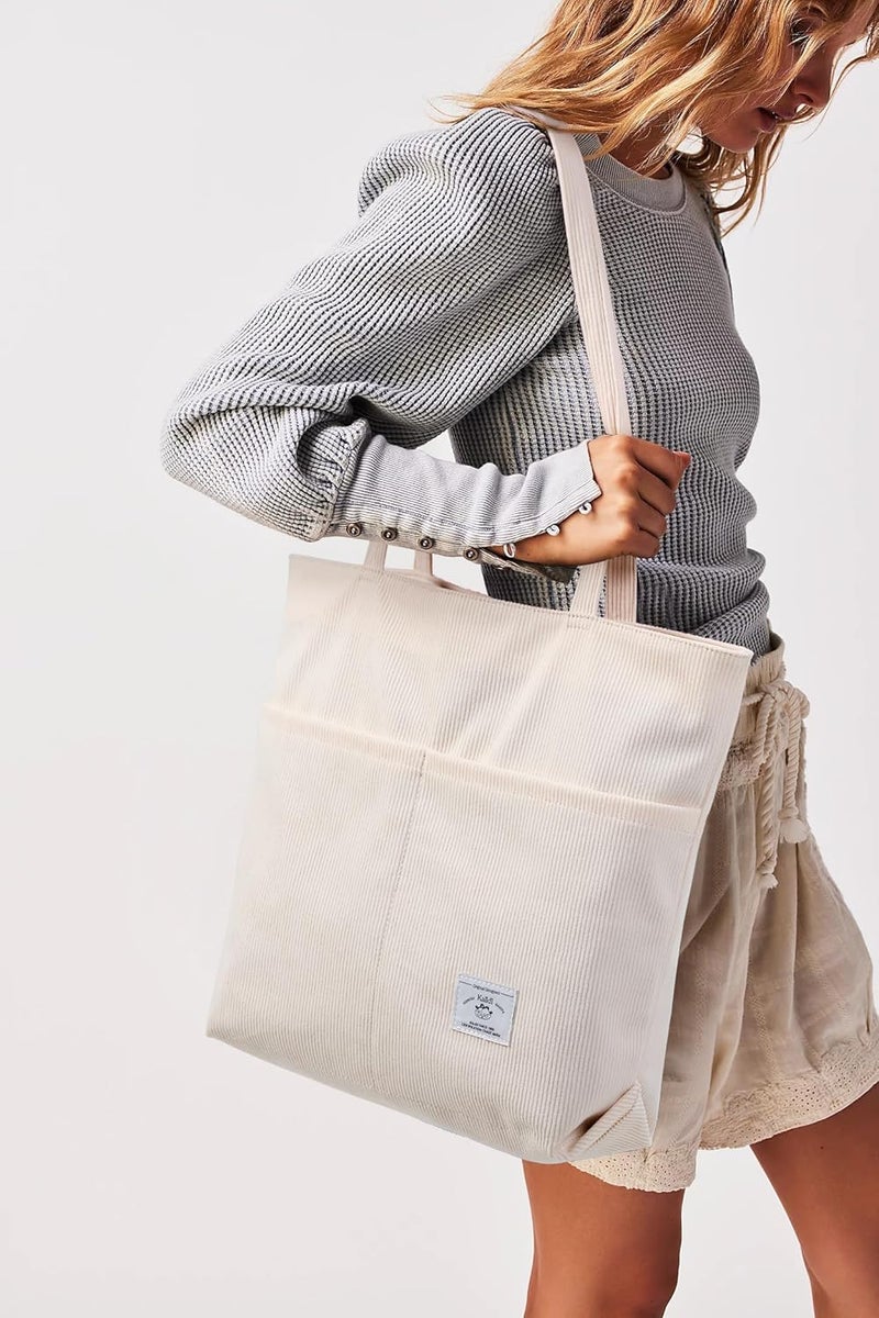 KALIDI FANCY FOREST KALIDI Women Corduroy Tote Bag Zipper Casual Tote's Handbag Big Capacity Shoulder Bag with Pockets - Image 3